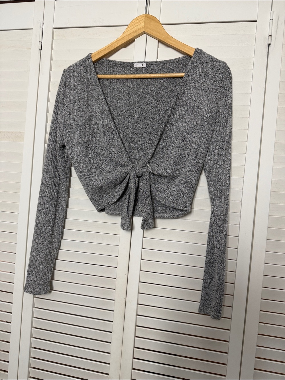 Garage Gray Tie-Front Ribbed Cropped Sweater